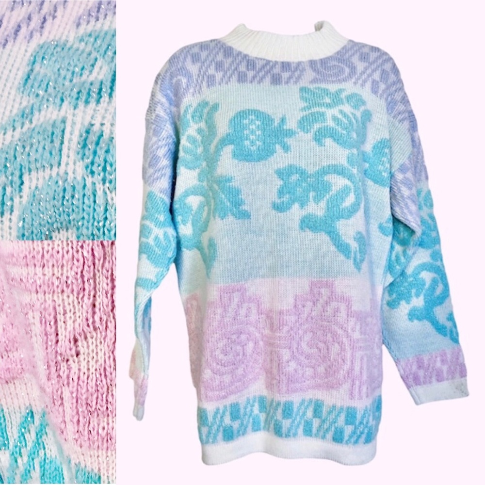 Vintage 80s Kawaii fairy kei metallic pastel high crewneck sweater